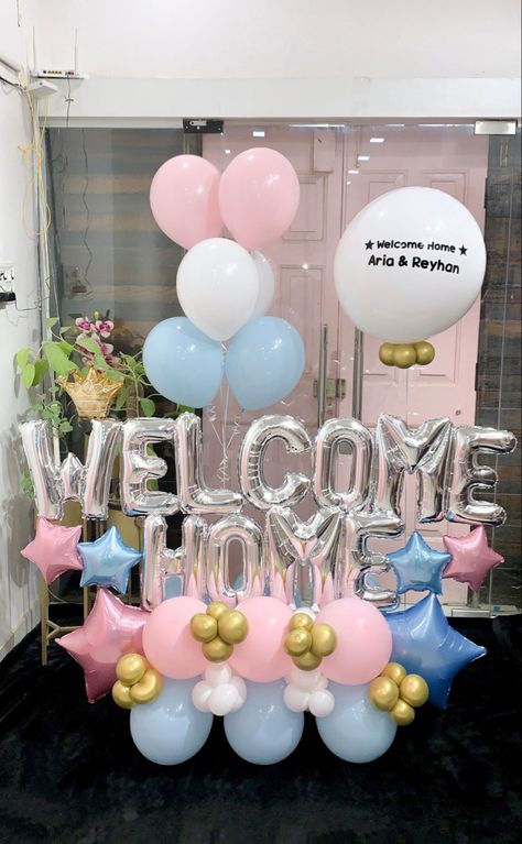 Welcome Home Balloon Decor, Welcome Back Balloons Ideas, Welcome Balloon Bouquet, Welcome Baby Decoration Ideas At Home Diy, Welcome Decoration Ideas Home Indian With Balloons, Welcome Baby Decoration Ideas At Home With Balloons, Welcome Home Baby Decor, Surprise Welcome Home Decorations, Mom To Be Decoration Ideas