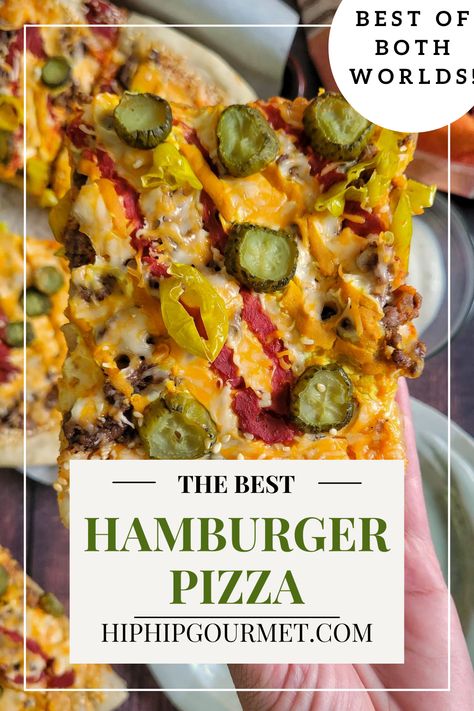 hand holding a slice of hamburger pizza with pickles and pepperoncini over a tray with the rest Homemade Hamburger Pizza, Homemade Cheeseburger Pizza, Hamburger Pizza Recipes Ground Beef, Cheese Burger Pizza Recipe, Cheeseburger Pizza Sauce, Hamburger Pizza Recipes, Cheese Burger Pizza, Cheeseburger Pizza Recipe, Easy Recipes Snacks