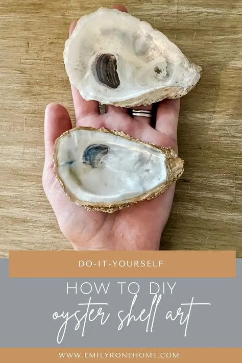 DIY Oyster Shell Art Craft: 3 Steps to Make Your Own! • Emily Rone Home Oyster Shell Angels Diy, Cleaning Oyster Shells For Crafts, Oyster Shell Crafts Diy Ideas, Diy Oyster Shell Ornaments, Diy Oyster Shell Crafts, Diy Oyster Shell, Oyster Shell Candle Holder, Oyster Shells Diy, Oyster Crafts