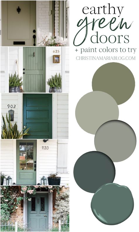 A green front door can be a beautiful way to welcome guests to your home. Here’s some of the best green paint colors to sample and beautiful inspiration images for your exterior design dreaming! Exterior Sage Green Paint Colors, Front House Exterior Ideas, Green And White Cottage Exterior, Green Front Door Stone House, Nature Inspired Paint Color Schemes, Green Door Beige House, Green Front Door Brown House, Painted Front Door On Brick House, Dark Sage Green Front Door