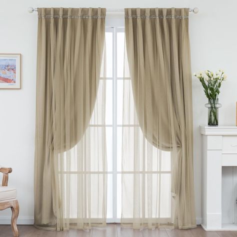 Layered Bedroom Curtains, Living Room Double Curtains, Tall Curtains Bedroom, Curtain Inspo Living Room, Double Curtain Ideas, Sheer And Blackout Curtains Together, Curtain Layering Ideas, Double Curtains Bedroom, Cottage Core Curtains