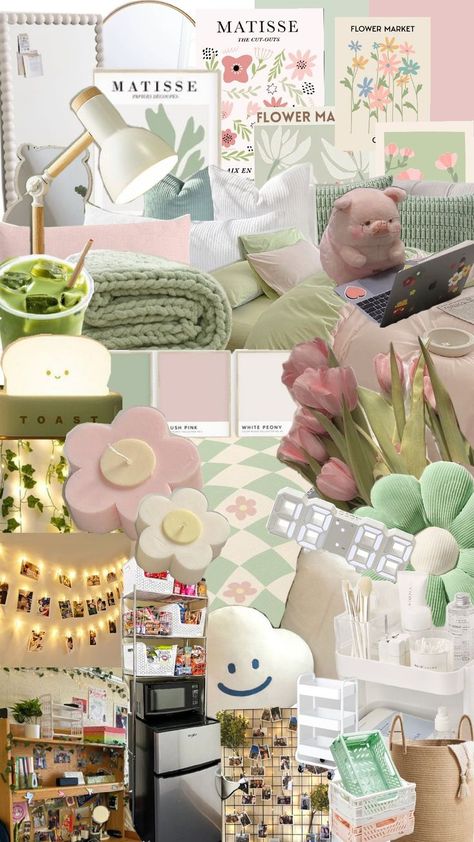 College dorm ideas 💡 Room Ideas Aesthetic Green And Pink, Pink And Green Themed Room, Dorm Room Color Schemes Colour Palettes, Green And Pink Dorm Room, Pink And Green Dorm Room, Pink And Green Bedroom Ideas, College Dorm Ideas, Danish Pastel Bedroom, Dorm Room Color Schemes