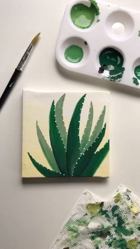 Plant Painting On Canvas, Aloe Vera Plant Painting, Aesthetic Plant Painting Canvas, Simple Canvas Flower Paintings, Mini Canvas Plant Painting, Mini Canvas Inspiration, Cute Things To Paint On Mini Canvas, Aloe Vera Painting, Simple Mini Painting Ideas