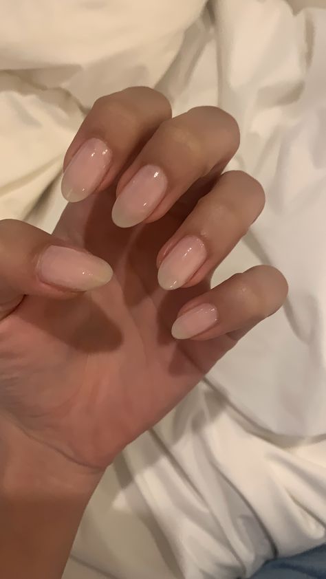 Acrylic Nails Sheer Pink, Bare Pink Nails, Light Pink Jelly Nails Almond, Light Pink Transparent Nails, Dewy Pink Nails, Semi Sheer Nails, Milk Jelly Nails, Translucent Nude Nails, Sheer French Tip Nails