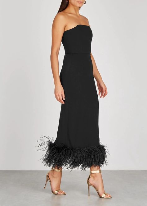 Fall Dress Trends, Feather Trim Dress, 16 Arlington, Dress With Feather Trim, Midi Dress Strapless, Black Feather Dress, Dress With Feathers, Rachel Green Outfits, Crepe Midi Dress