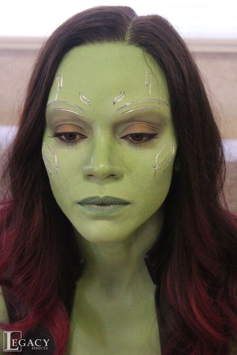 Gamora Costume Diy Makeup, Gamora And Peter Costume, Gamora Makeup, Gamora Cosplay, Gamora Costume, Gamora Marvel, Galaxy Makeup, Alien Costume, Face Paint Makeup