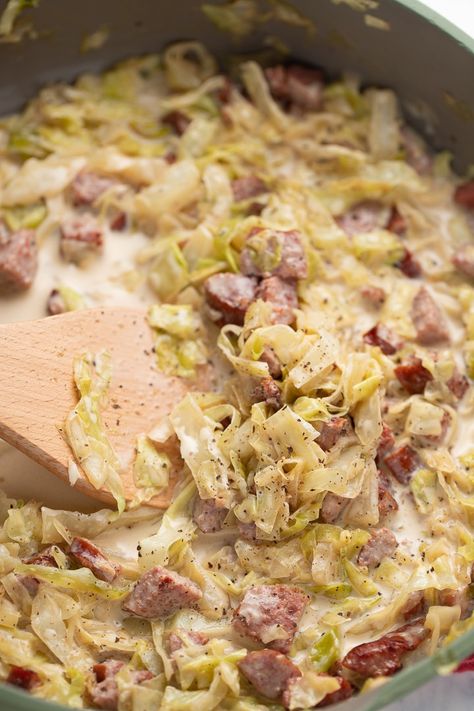 Creamy Sausage And Cabbage, Cabbage Sausage Cream Cheese, Cabbage And Rice Casserole, Creamed Cabbage And Sausage, Creamy Cabbage And Sausage Recipes, Sausage Cabbage Alfredo, Cabbage Recipes With Sausage, Sausage And Cabbage Skillet, Cabbage Meals