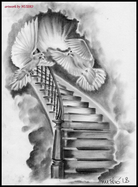 Angel Stairs To Heaven Tattoo, If Tears Could Build A Stairway Tattoo, Tattoo Of Heaven, Tattoos Of Heaven, Stair Case To Heaven Tattoo, Steps To Heaven Tattoo, Staircase To Heaven Tattoo Design, Heaven Stairway Tattoo, Heaven Drawing Sketch