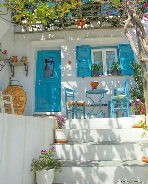 Greece Blue Shutters, The Village, Shutters, A House, Colorful Flowers, Plants, Flowers, Blue, White