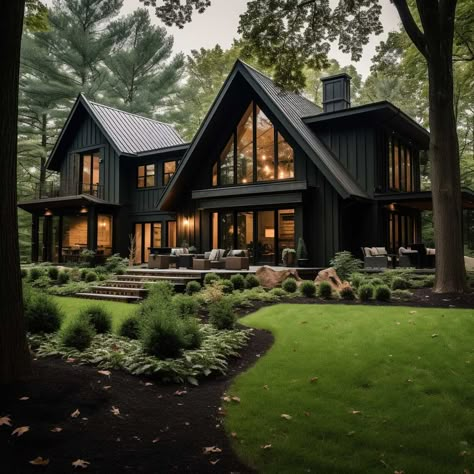 3+ Dark Green Exterior House Color Ideas for a Nature-Inspired Home • 333+ Images • [ArtFacade] Stone House Plans, Lake Houses Exterior, Lots Of Windows, Lake House Plans, Bay House, New House Plans, Stone House, Dream House Exterior, New Home Designs