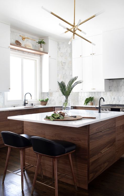 Picket Tile Backsplash, Modern Kitchen Renovation, Modern Kitchen Remodel, Walnut Kitchen, White Shaker Cabinets, Grey Countertops, Flat Panel Cabinets, White Backsplash, All White Kitchen