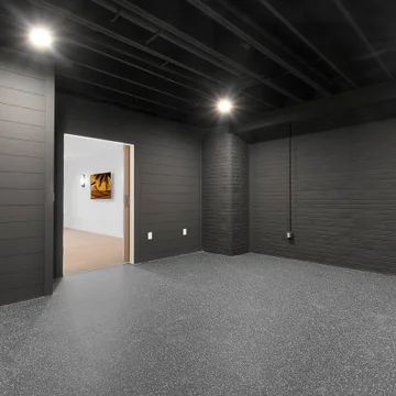 75 Multiuse Home Gym with Black Walls Ideas You'll Love - October, 2023 | Houzz Garage Gym Ideas Black Walls, Black Walls Home Gym, Basement Gym Colors, Black Home Gym Interior, Home Gym Dark Aesthetic, Black Wall Home Gym, Home Gym Black Ceiling, Dark Garage Walls, Black Garage Walls