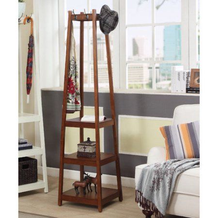 Roundhill Furniture Vassen 3-Tier Storage Shelve Coat Rack Swivel Mirror, Rustic Halloween Decor, Standing Coat Rack, Mirror With Shelf, Hall Tree, Wood Storage, Oak Finish, Umbrella Stand, Accent Furniture