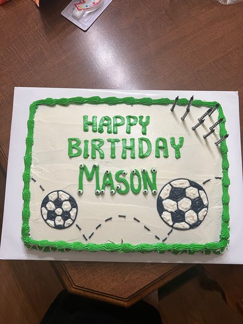 Super easy idea foe a soccer themed birthday cake. Easy Soccer Birthday Cake, Soccer Birthday Party Cake, Soccer Themed Birthday Cake, Soccer Sheet Cake, Soccer Cake Ideas For Boys, Boys Soccer Birthday Party, Soccer Themed Cake, Soccer Cakes, Soccer Theme Parties