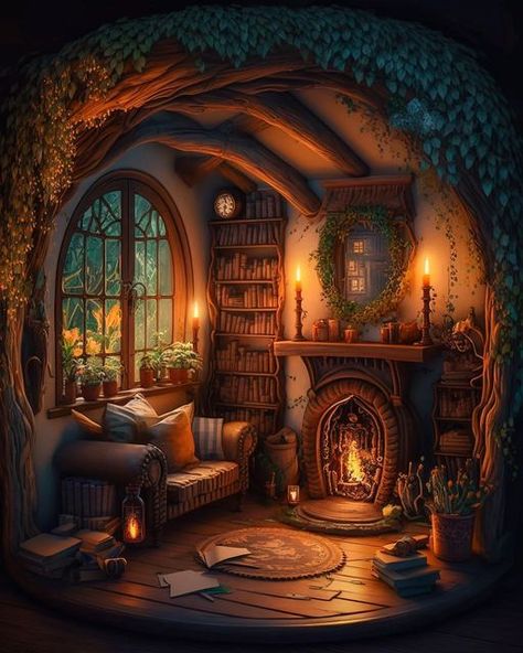 Fantasy Rooms Art, Fantasy Cottage Interior, Casa Do Hobbit, Wizard House, Fairytale Houses, Casa Hobbit, Fantasy Cottage, Tattoo Design Tattoo, Enchanted Cottage