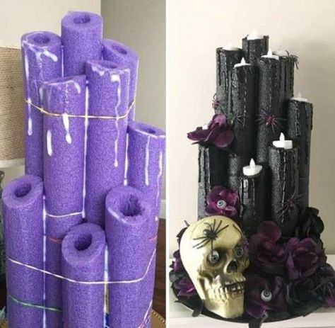 Pool Noodle Candles Pumpkins Made From Pool Noodles, Pool Noodles Candles, Diy Pool Noodle Candles, Pool Noodle Candles Halloween, Diy Pool Noodle Halloween Decor, Pool Noodle Halloween Decor, Pool Noodle Halloween Candles, Pool Noodle Ideas, Pool Noodle Candles