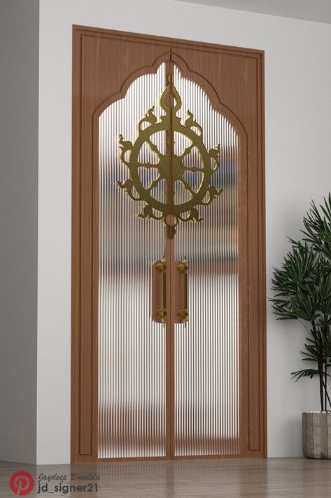 After the Great Success of previous Pooja Room Door, here I'm with new Design inspired from Sudarshan Chakra. Hope you will like it! Indian Pooja Room Wooden Door Design. Pooja Room Glass Door Designs, Room Wooden Door Design, Indian Pooja Room, Pooja Room Ideas Indian Modern, Modern Pooja Room, Pooja Room Ideas Indian, Glass Door Designs, Room Glass Door, Pooja Room Door