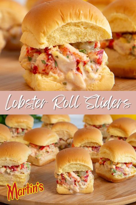 This lobster roll sliders recipe is perfect for any party. Served with Martin’s Sweet Party Potato Rolls, your guests will be coming back for more! Lobster Sliders, Oven Roasted Cherry Tomatoes, Lobster Sandwich, Roll Sliders, Lobster Roll Recipes, Buttery Rolls, Slider Sandwiches, Potato Rolls, Lobster Dishes