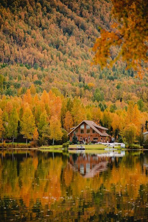 A Fall Cabin On Mirror Lake In Alaska Fall Cabin, Cozy Winter Cabin, Scandinavian Cabin, Carolina Do Norte, Stone Cabin, Treehouse Cabins, Cabin Aesthetic, Mountain Cabins, Forest Cabin