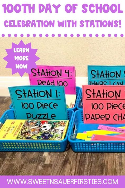 If you love celebrating the 100th Day of School, then you will love using center activities. I have 100th Day of School celebration stations that work perfectly in the K-2 classroom. There are a variety of 100th Day of School activities like 100 piece paper chain, write 100 words, read 100 books, and much more! Check out all of the wonderful 100 Day of School games that your early elementary students will love. 100s Day Of School Activities, 5th Grade 100 Days Of School, 100 Day Of School Food Ideas, 100th Day Of School High School, 100th Day Of School Decorating Ideas, 100 Day Of School 2nd Grade, First Grade 100th Day Of School, 100th Day Of School Stations, 100th Day Of School Ela Activities