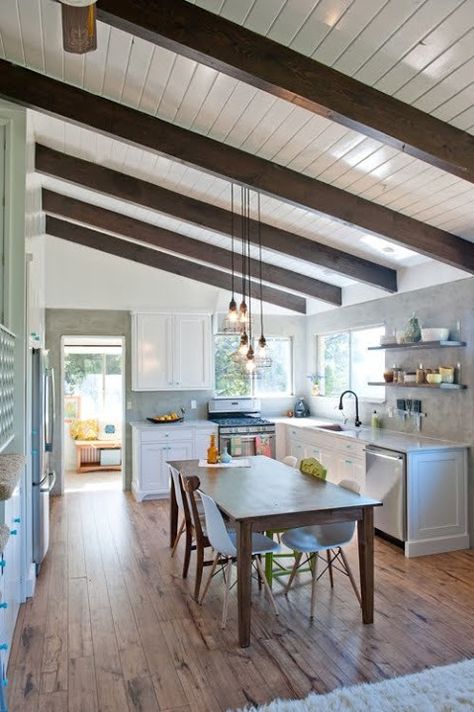 Ceiling of Living Rm + Dining Rm: white washed shiplap ceiling with dark beams, slant for metal room mockabeenews.blogspot.com2 Antique White Kitchen Cabinets, Vaulted Ceiling Kitchen, Antique White Kitchen, Before After Kitchen, Shiplap Ceiling, Faux Beams, Wood Beam Ceiling, Kitchen Ceiling, Wooden Ceilings