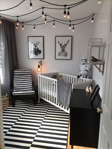 Monochromatic nurserybaby boyikea hackstormtrooper Black White And Gray Nursery, Black And White Boy Nursery, Nursery Ideas Black And White, Monochrome Nursery Boy Rooms, Nursery String Lights, Monochrome Nursery Girl, Monochromatic Nursery, Monochrome Baby Room, Black Nursery Ideas