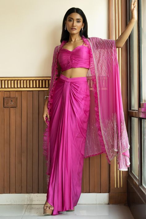 Buy Pink Georgette Embellished Crystal Cape Open Draped Skirt Set For Women by MEHAK SHARMA Online at Aza Fashions. Engagement Dresses For Bridesmaid, Drape Skirt Outfit Indian, Indo Western Skirt Outfits, Pink Suit Outfit Women, Trendy Indowestern Outfits For Women, Drape Skirt Outfit, Stylish Suits Women Indian, Skirt Indian Outfit, Pink Haldi Outfit