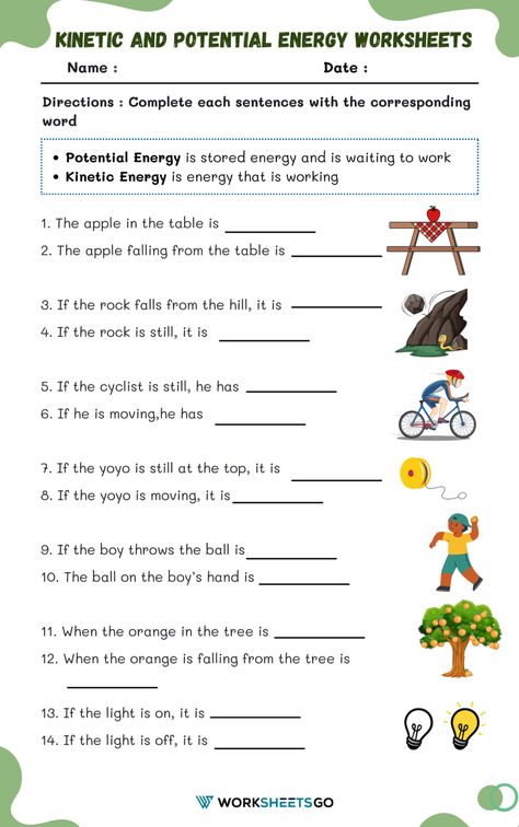 Energy Worksheets, Potential And Kinetic Energy, Science Energy, Phonics Puzzles, Kinetic And Potential Energy, Kindergarten Classroom Decor, Sound Energy, Homeschool Worksheets, Preschool Tracing