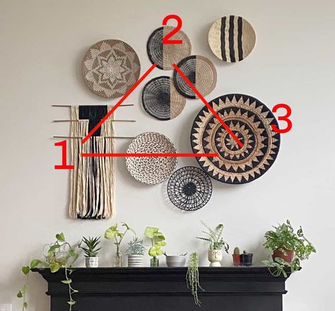 easy and affordable boho basket wall - My French Twist Baskets On Walls Decorative, Modern Basket Wall, Basket Plates On Wall, Wicker Basket Wall Art Living Room, Basket And Picture Gallery Wall, Wire Basket Wall Decor Ideas, Basket Walls Boho Bedroom, Boho Gallery Wall Living Room, Decorating With Baskets On The Wall