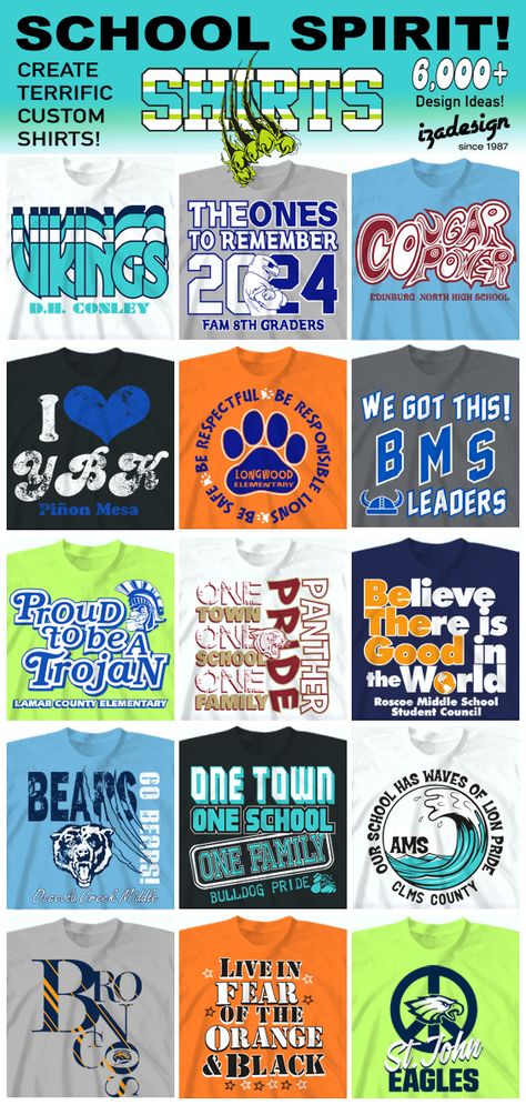 School spirit shirts and school spirit wear.  Choose from thousands of designs.  Customize with your school logo, school mascot, school colors, school name and student names.  IZA Design - providing schools with custom shirts since 1987!  We've got the best designs, period!!!  #schoolspiritshirts  #schoolspirit  #spiritshirts High School Tee Shirt Designs, School Shirt Ideas Elementary, Middle School Spirit Shirts, Elementary Tshirt Designs, Middle School Spirit Wear, School Logo Shirt Ideas, School Spirit Tshirt Designs, Elementary School Shirts Spirit Wear, School T Shirts Ideas