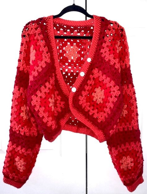 crochet pattern-Granny Square Afghan-Granny Square Pillow Red Sweater Crochet, Cardigan Crochet Granny Squares, Red Crochet Ideas, Square Crochet Sweater, Crochet Granny Square Cardigan, Granny Square Crochet Cardigan, Motifs Granny Square, Cardigan Sweater Pattern, Granny Square Cardigan