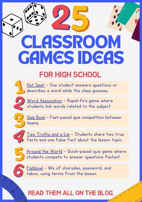 25 Classroom Games Ideas for High School (2024) High School Resource Room Set Up, Classroom Activities High School, Classroom Ideas High School, Review Games High School, Educational Games For Teens, Games For High School Students, High School Math Games, Junior High Classroom, Classroom Aesthetic