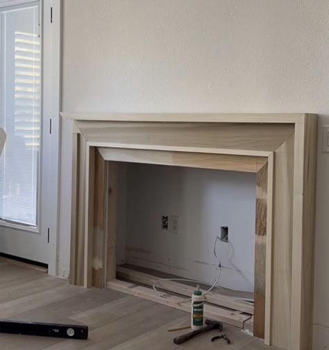 Modern Mantle Brick Fireplace, Light Wood Fireplace Surround, Stained Built Ins Fireplace, Mantle Surround Diy, Wood Mantel Surround Fireplace, Millwork Fireplace Surround, Simple Wood Fireplace Surround, Mantle Design Ideas, White Oak Fireplace Surround