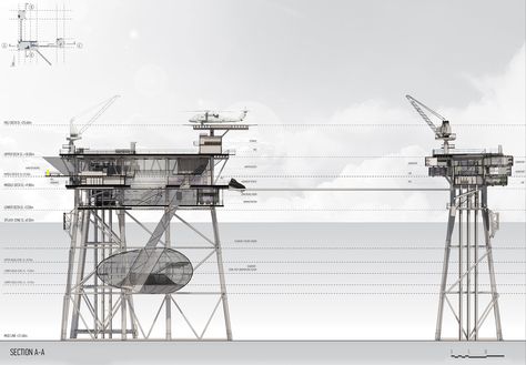 This project focuses on the re-Use of the Prinos oil platform complex (platforms A,B,D) in the Kavala Gulf, Greece. Its oil field will be soon exhausted and the cost of decommission is very high.  A worth mentioning fact is that around the rig... Oil Rig Architecture, Oil Platform Architecture, Ocean Awareness, Oil Derrick, Water Architecture, Natural Architecture, Oil Platform, Oil Field, Diving Center