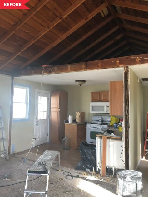 Bungalow Vaulted Ceiling, Before And After Vaulted Ceiling, Beach House Renovation Before And After, Vaulted Ceiling Before And After, Bungalow Ceiling, Bungalow Renovation Before And After, Tiny Bungalow, Carolina Beach House, Garage Cottage