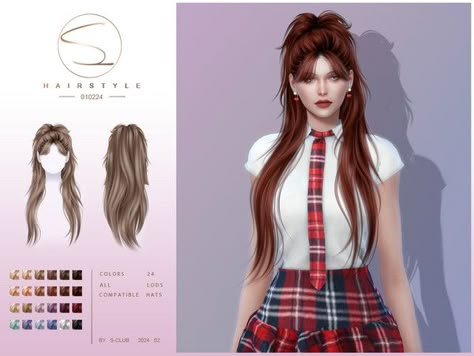 S-Club's Fashion ponytail hairstyle 010224 Sims 4 Ponytail, Sims4 Cc Hair, Ts4 Cc Hair, Big Ponytail, Hair Sims 4 Cc, Fashion Ponytail, Mod For Sims 4, Ts4 Hair, Wedding Hair Colors