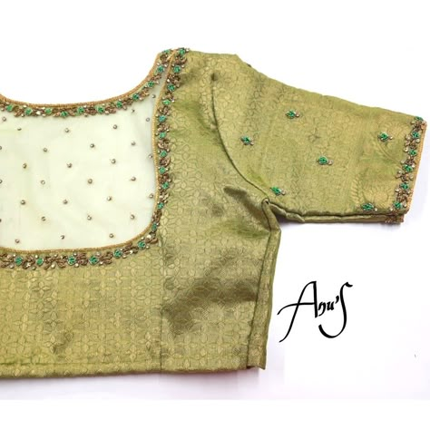 Pista Green Aari Work Blouse, Aari Blouse With Net, Net Blouse Hand Designs Pattern, Simple Net Aari Work Blouse Designs, Net Cloth Aari Work Blouse, Green Blouse Designs, Bridal Embroidery, Worked Blouse, Pink Blouse Designs