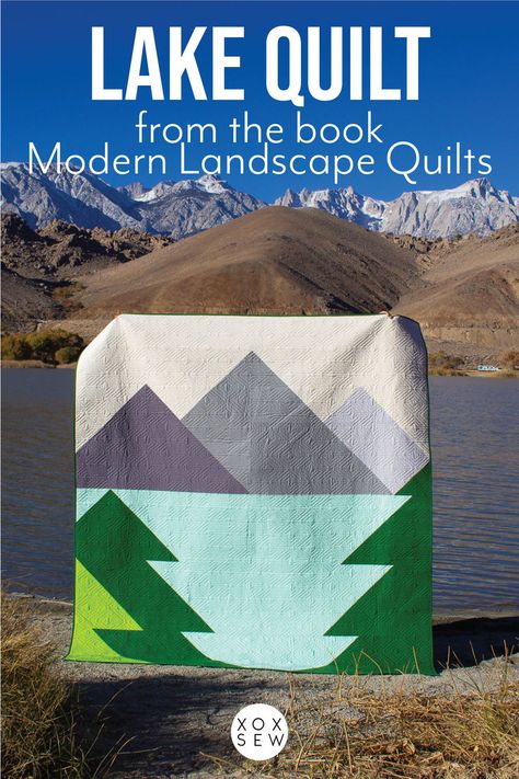 lake inspired quilt held in front of a lake Landscape Quilt Patterns Free, Modern Art Quilts, Landscape Quilts Tutorial, Canada Quilt, Simple Baby Quilt, Quilt Landscape, Lake Quilt, Mountain Quilt Pattern, Mountain Quilt