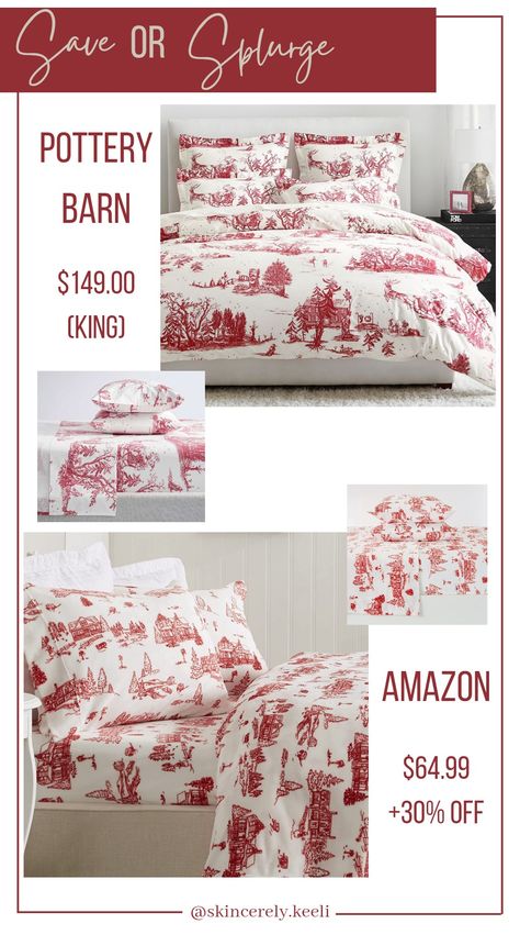 Guest Room Christmas, Christmas Bedding Ideas, Pottery Barn Sheets, Christmas Guest Room, Plaid Bedroom, Toile Christmas, Christmas Linens, Christmas Toile, Bedroom Decor Christmas