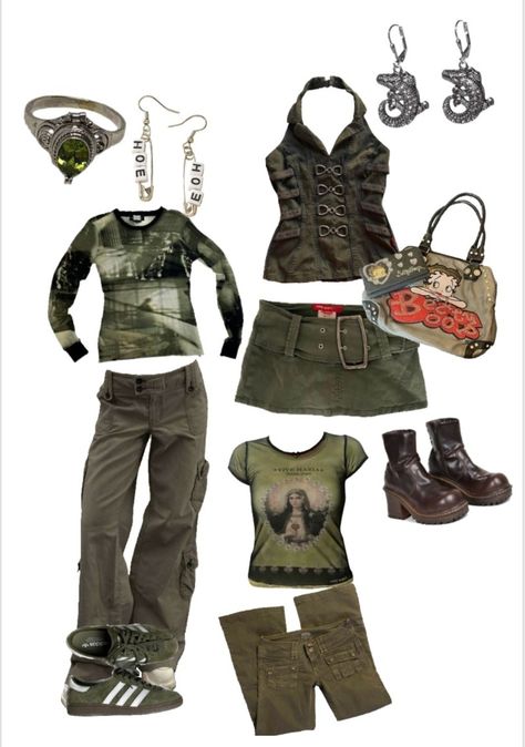 Outfits With Green Cargos, Green Outfit Y2k, Military Green Outfit, Green Grunge Outfit, Green Y2k Outfit, Camoflauge Outfits, 2000s Moodboard, Camo Jacket Outfit, Cargo Shorts Outfit