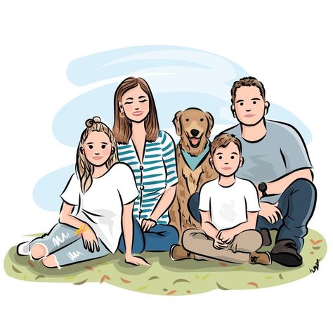 Custom-illustrated portrait of five. Family Drawing Illustration, Custom Illustrated Family Portrait, Illustrated Family Portrait, Dog Portraits Art, Custom Portrait Illustration, Friends Illustration, Family Drawing, Portrait Cartoon, Family Painting