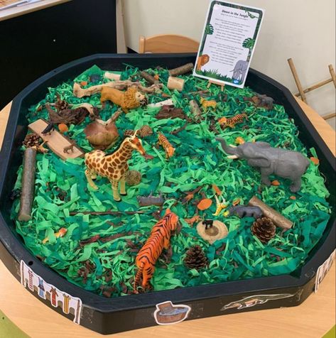 Zoo Messy Play Ideas, Animal Small World Play, Jungle Animals Tuff Tray, Jungle Tuff Tray Eyfs, Safari Sensory Play, Rainforest Tuff Tray, Animal Tuff Tray Ideas Eyfs, Dear Zoo Activities Eyfs Tuff Tray, Jungle Animals Eyfs