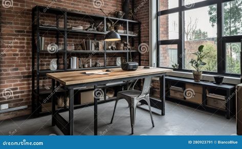 Interior Deisgn of Home Office in Industrial Style with Exposed Brick Stock Image - Image of resort, concrete: 280923791 Home Office Industrial, Industry Architecture, Interior Deisgn, Bed Interior, Island Countertops, Industrial Wood, Apartment Architecture, Brick Design, Farmhouse Sink