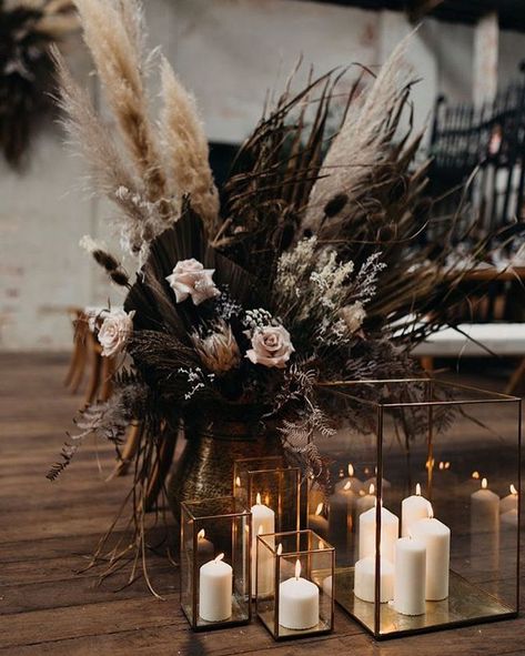 Dark Pampas Grass Decor, Winter Pampas Grass Wedding, Black Christmas Wedding Decor, Bohemian Goth Wedding, Moody Pampas Grass Wedding, Black Rustic Wedding Table Decor, All Black Boho Wedding, Dark Moody Boho Wedding, Yallternative Aesthetic Wedding