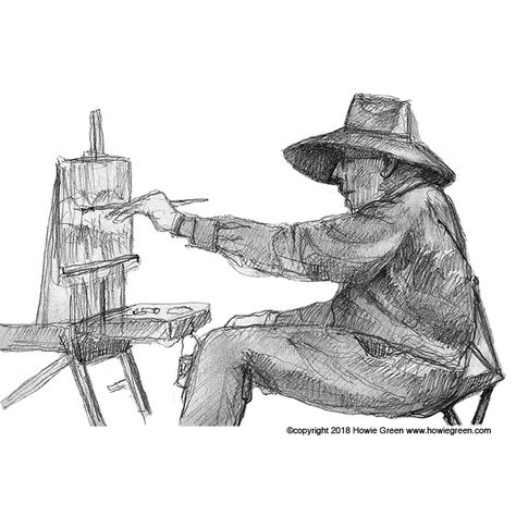 Plein air painter pencil sketch | I like doing sketches of my fellow plein air painters because we don't move much and we are often in interesting positions.  See more of my art at www.howiegreen.com Urban Sketching, Pencil Sketch, Plein Air, See More, Art Projects, Painter, My Art, Doodles, Sketch