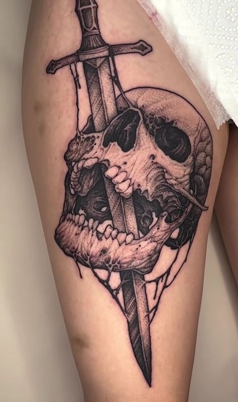 Gore Tattoo Design, Skeleton Tattoos Men, Cool Dark Tattoos, Tattoo Arm Fillers, Dark Fem Tattoos, Damascus Knife Tattoo, Knife Tattoos For Men, Skeleton Tattoo Thigh, Skull And Arrow Tattoo