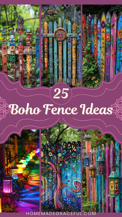 boho fence ideas Unique Fence Design, Unique Backyard Fence Ideas, Cheap Fencing Ideas Budget, Wooden Garden Fence Ideas, Painting Privacy Fence Ideas, Diy Outdoor Porch Decor, Painted Wooden Fence Ideas, Creative Fencing Ideas, Colorful Fence Ideas