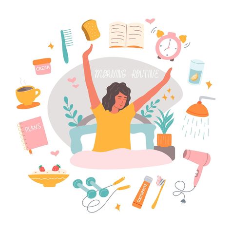 Morning routine consists of coffee mug, an alarm clock, breakfast, daily planner, shower. The girl in the bed stretches with smile on her face. Vector illustration in flat style Bed Stretches, Miracle Morning Routine, Ayat Alkitab, Flat Style, Cute Illustration, Fashion Flats, Daily Planner, Morning Routine, Alarm Clock