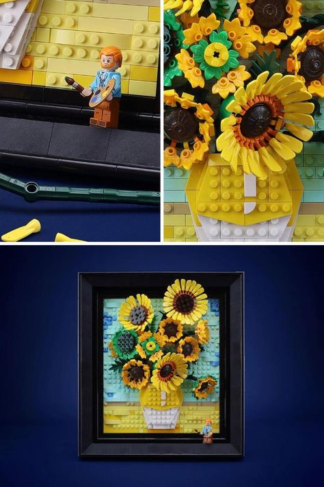 Art Coming Out Of Frame, Lego Flower Wall, Van Gogh Lego, Lego Sunflower, Lego Art Wall, Cool Lego Ideas, Lego Master Builder, Lego Painting, Lego Van