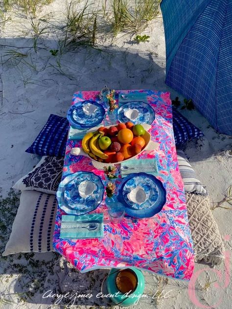 Beach days are so much fun when we take Lilly Pulitzer patterns and colors along! This intimate table with the linen in the Lilly pattern of Pink Aquadesiac is beckoning us to slow down and take in the fabulous views.The appetizer plates are also by Lilly Pulitzer in the pattern of Turtley Awesome! #alllillyallsummer #lillypulitzer #lillytable #cheryljoneseventdesign #turtle #seaturtle #palmbeachstyle #palmbeach #tablescapes #beach #beachlovers #floridaliving #outdoorentertaining #outdoordining Lilly Pulitzer Patterns, Summer Tablescapes, Turtley Awesome, Lilly Pulitzer Inspired, Palm Beach Style, Table Designs, Florida Living, Appetizer Plates, Outdoor Entertaining